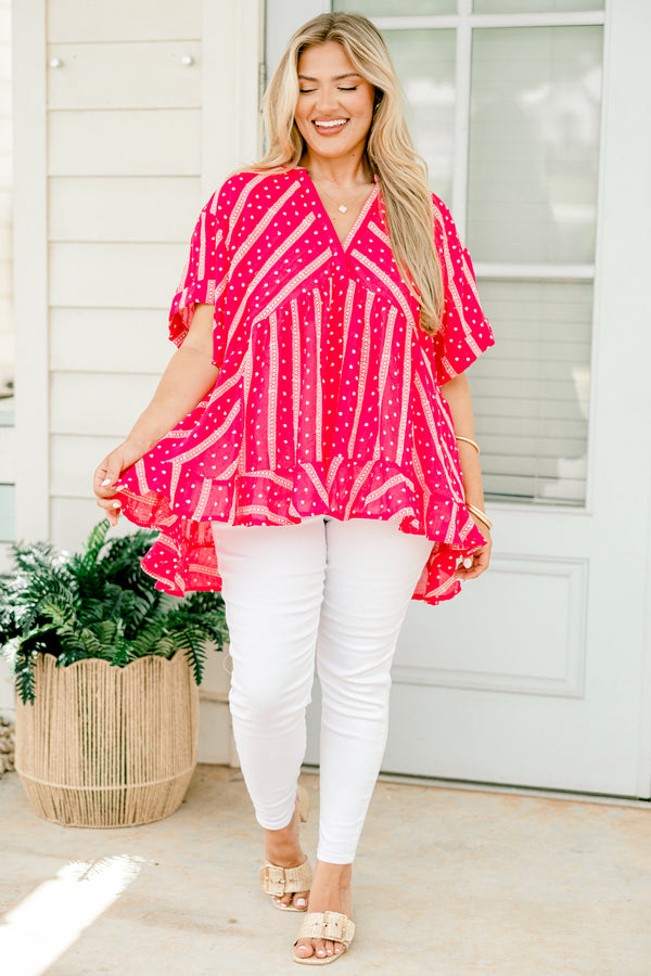 Chic Soul plus size clothing, hot pink short cuff sleeved v-neck high-low hem babydoll top with alternating stripes and polka dots pattern
