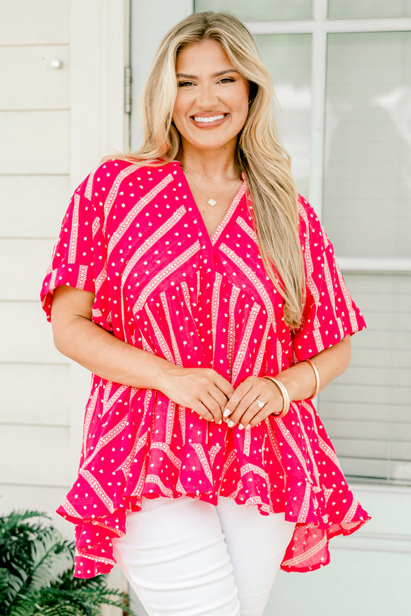 Chic Soul plus size clothing, hot pink short cuff sleeved v-neck high-low hem babydoll top with alternating stripes and polka dots pattern