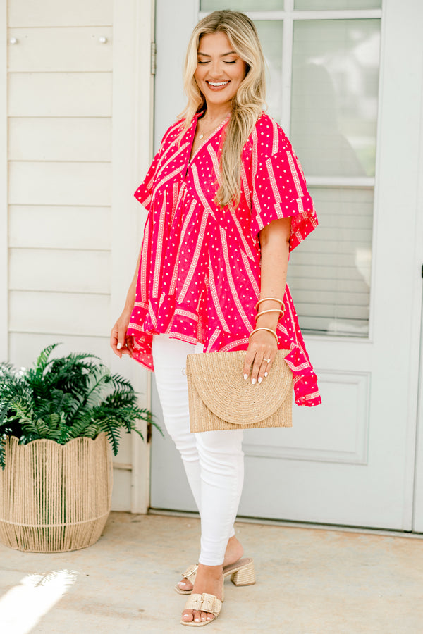 Chic Soul plus size clothing, hot pink short cuff sleeved v-neck high-low hem babydoll top with alternating stripes and polka dots pattern