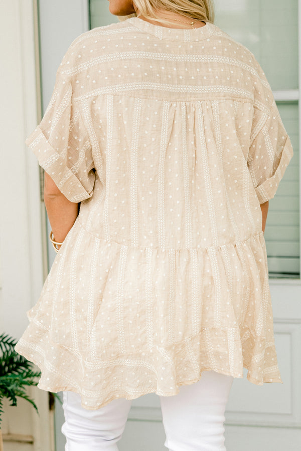 Chic Soul plus size clothing, taupe baby doll top with short sleeves and a polka dot pattern with stripes as well as cuffs at the end of the sleeves 