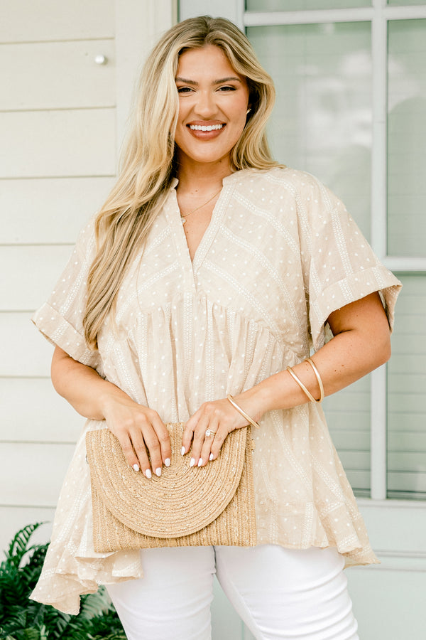 Chic Soul plus size clothing, taupe baby doll top with short sleeves and a polka dot pattern with stripes as well as cuffs at the end of the sleeves 