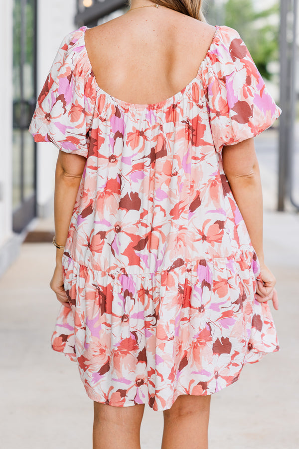 Chic Soul plus size clothing, puffed short-sleeve nude ruffled dress with smocked neckline and pink floral design 