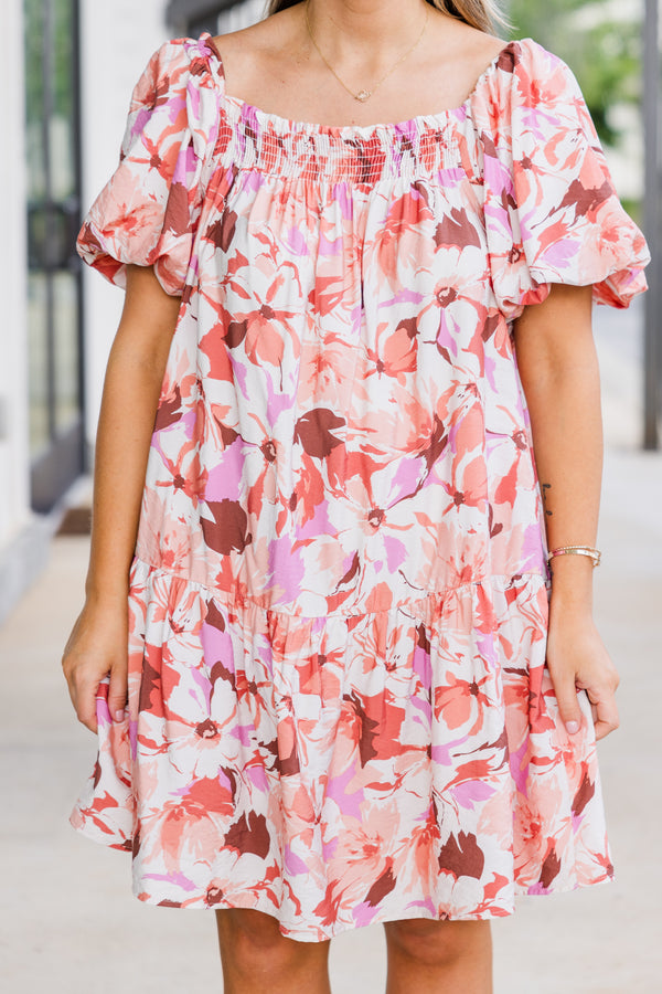 Chic Soul plus size clothing, puffed short-sleeve nude ruffled dress with smocked neckline and pink floral design 