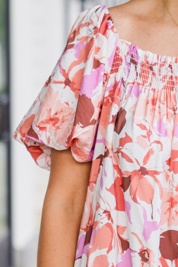 Chic Soul plus size clothing, puffed short-sleeve nude ruffled dress with smocked neckline and pink floral design 