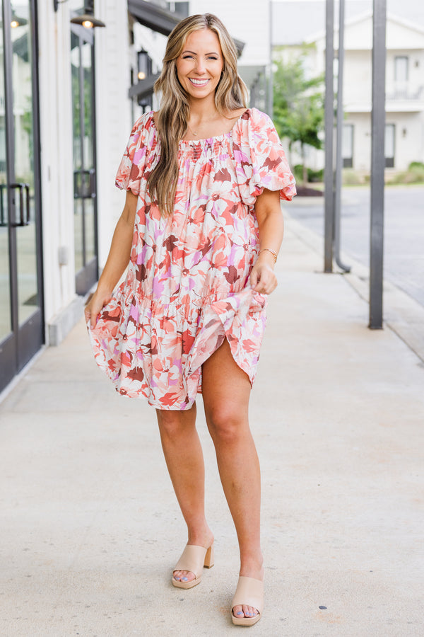 Chic Soul plus size clothing, puffed short-sleeve nude ruffled dress with smocked neckline and pink floral design 