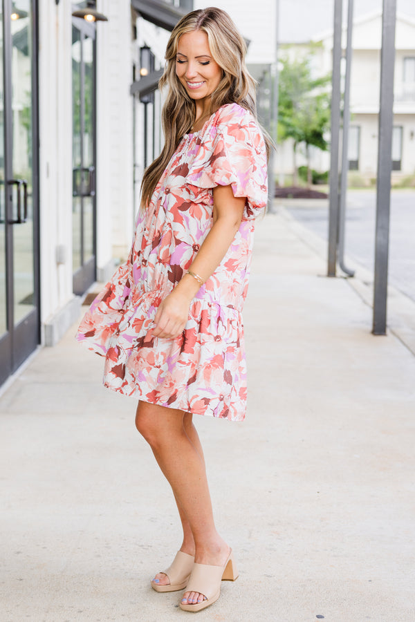 Chic Soul plus size clothing, puffed short-sleeve nude ruffled dress with smocked neckline and pink floral design 