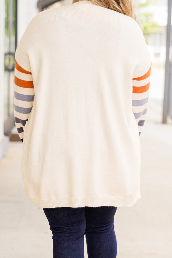 Chic Soul plus size clothing, tan long sleeve cardigan with multi stripe detail along sleeves with pockets on each side
