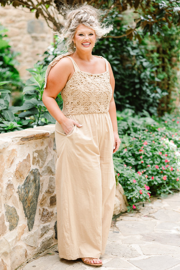Chic Soul plus size clothing, latte sleeveless tie strap jumpsuit with square neckline with floral textured detail along chest with synched waist