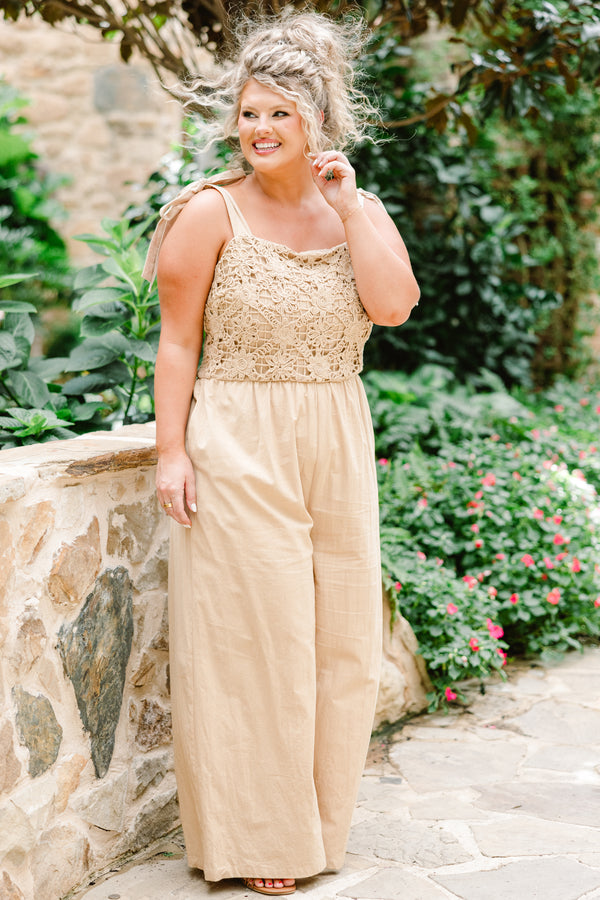 Chic Soul plus size clothing, latte sleeveless tie strap jumpsuit with square neckline with floral textured detail along chest with synched waist