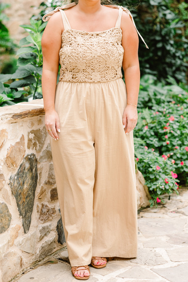 Chic Soul plus size clothing, latte sleeveless tie strap jumpsuit with square neckline with floral textured detail along chest with synched waist