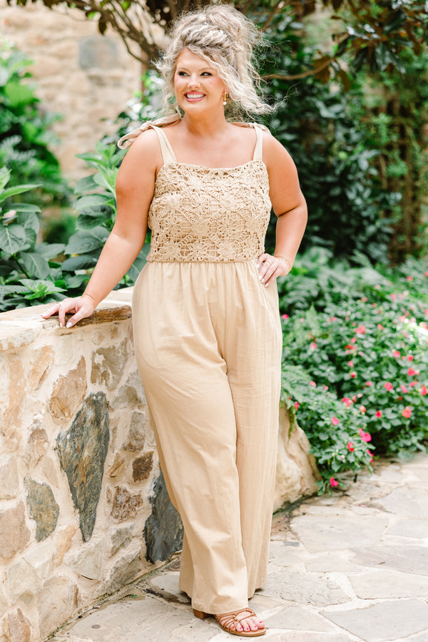 Chic Soul plus size clothing, latte sleeveless tie strap jumpsuit with square neckline with floral textured detail along chest with synched waist