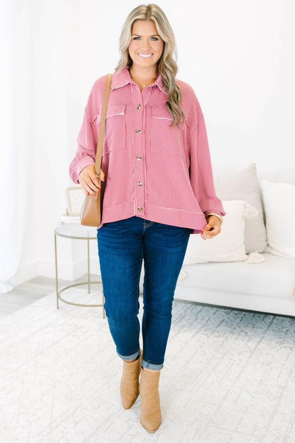 Chic Soul plus size clothing, mauve button up long sleeve top with  a pocket on each side of the chest and a ribbed texture 