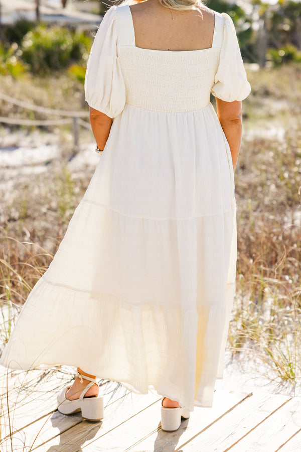 Chic Soul plus size clothing, short bubble sleeve cream white ruffled tiered baby doll midi dress with a square-neckline 