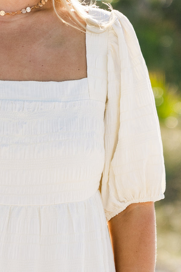 Chic Soul plus size clothing, short bubble sleeve cream white ruffled tiered baby doll midi dress with a square-neckline 