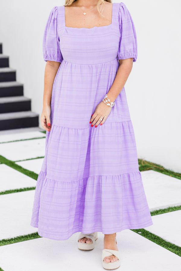 Chic Soul plus size clothing, short-puffed-sleeve lavender purple ruffled midi baby doll dress with square-neckline