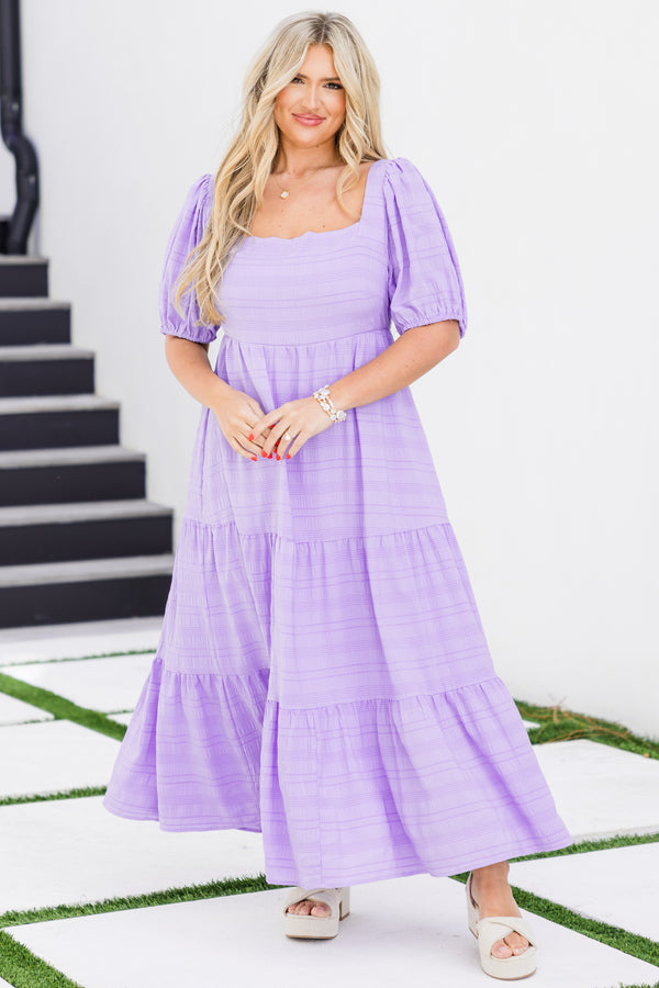 Chic Soul plus size clothing, short-puffed-sleeve lavender purple ruffled midi baby doll dress with square-neckline