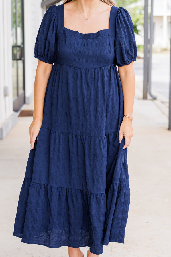 Chic Soul plus size clothing, puffed short-sleeve navy blue ruffled midi dress with smocked bodice and square neckline 