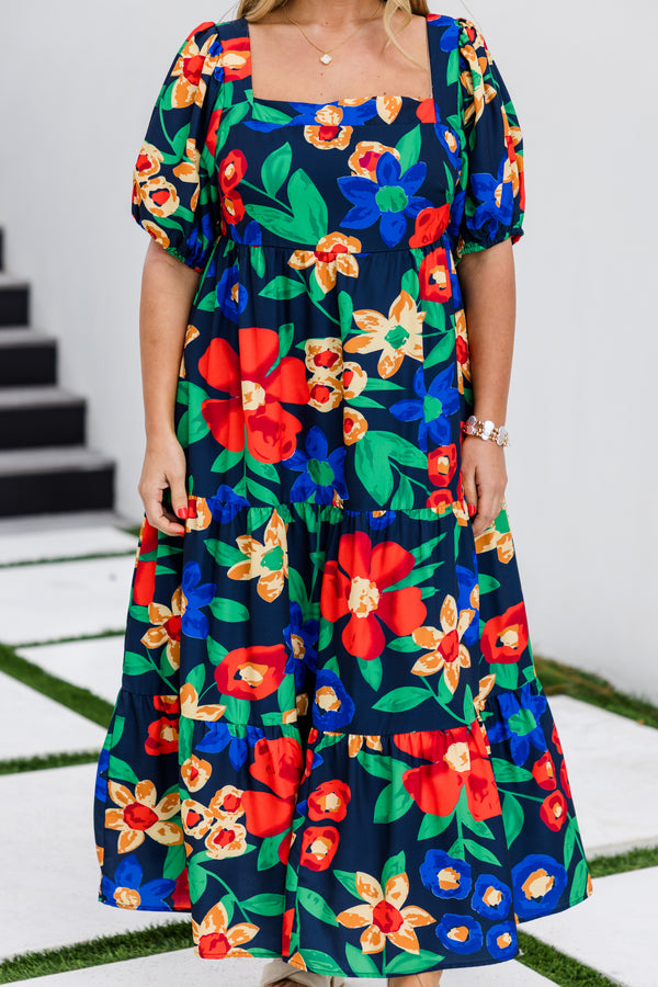 Chic Soul plus size clothing, puffed short-sleeve navy ruffled baby doll midi dress with multi-colored floral pattern and square-neckline
