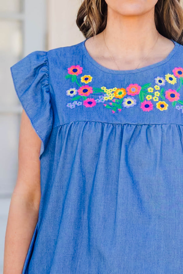 Chic Soul plus size clothing, short sleeve blue tank top with ruffle sleeves and floral embroidery on chest area