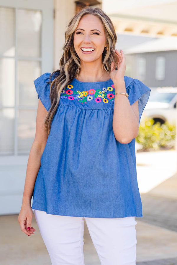 Chic Soul plus size clothing, short sleeve blue tank top with ruffle sleeves and floral embroidery on chest area