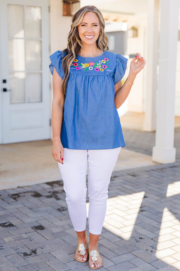 Chic Soul plus size clothing, short sleeve blue tank top with ruffle sleeves and floral embroidery on chest area