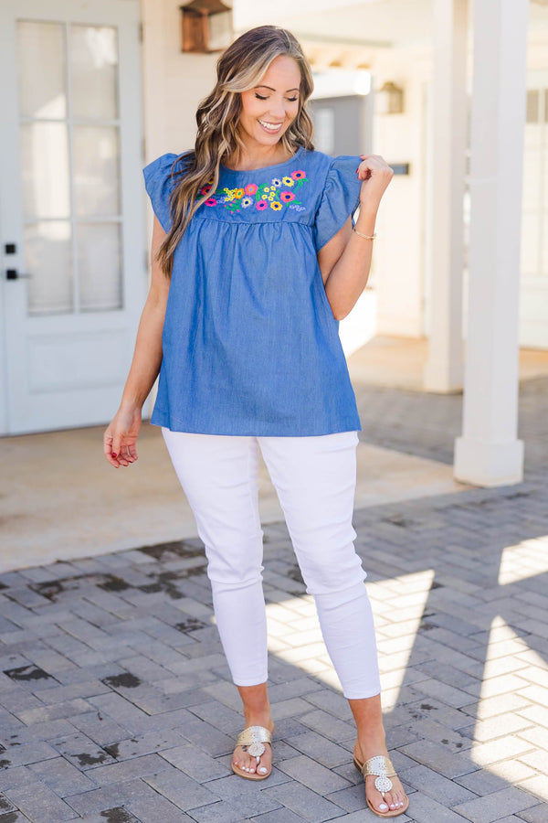Chic Soul plus size clothing, short sleeve blue tank top with ruffle sleeves and floral embroidery on chest area