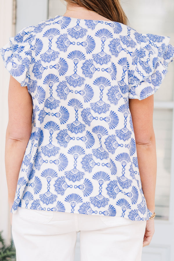 Chic Soul plus size clothing, blue-ivory top with fan block printing