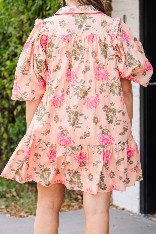 Chic Soul plus size clothing, puffed short-sleeve collared peach baby doll ruffled dress with pink and green rose floral pattern
