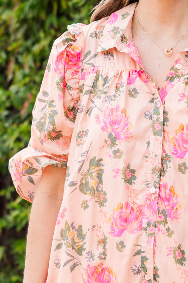 Chic Soul plus size clothing, puffed short-sleeve collared peach baby doll ruffled dress with pink and green rose floral pattern