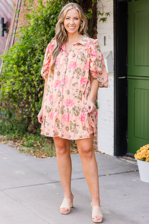 Chic Soul plus size clothing, puffed short-sleeve collared peach baby doll ruffled dress with pink and green rose floral pattern