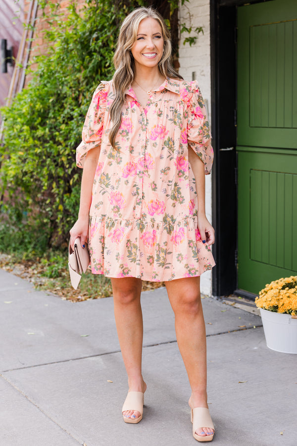 Chic Soul plus size clothing, puffed short-sleeve collared peach baby doll ruffled dress with pink and green rose floral pattern