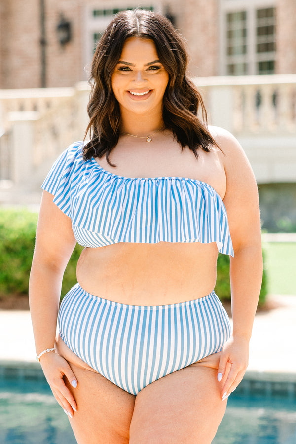 Plus Size blue and white vertical striped one-shoulder bikini top with a ruffled overlay.