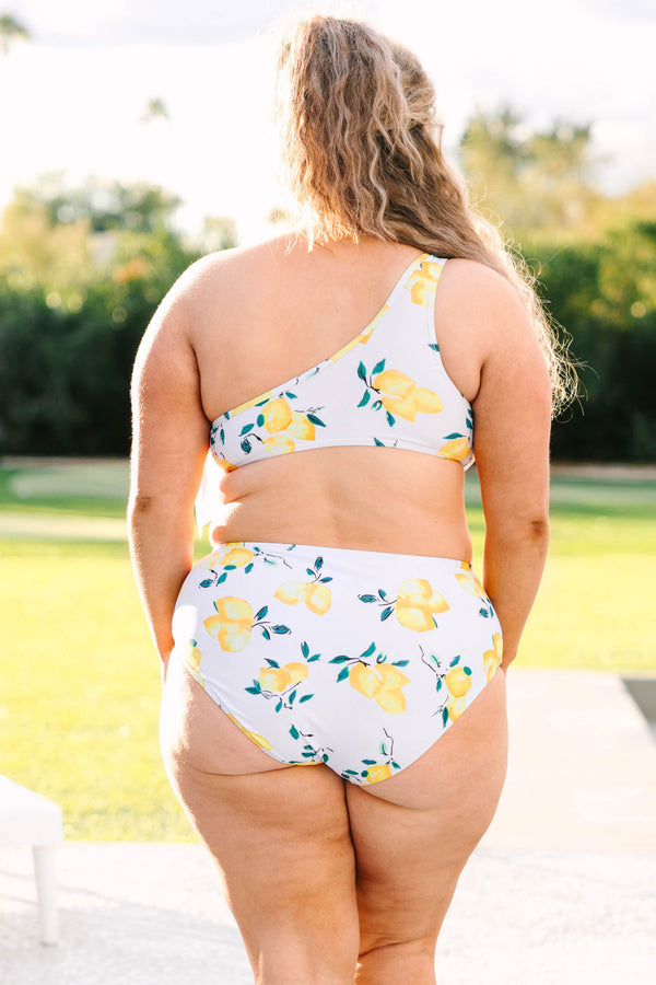 Chic Soul plus size clothing, white high waisted swim bottom with yellow lemon print pattern