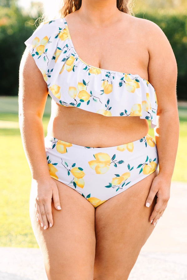 Chic Soul plus size clothing, white high waisted swim bottom with yellow lemon print pattern