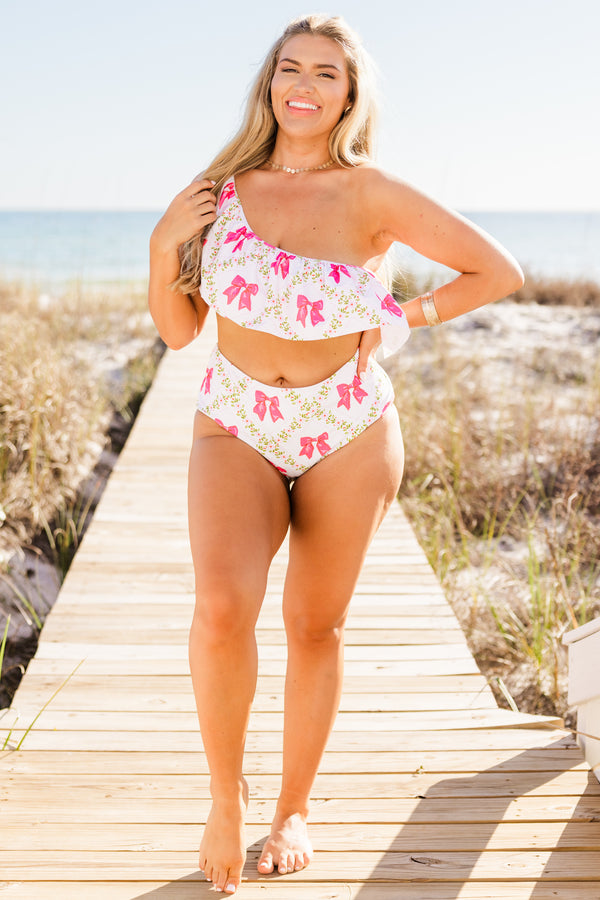 Chic soul plus size clothing, White high waisted swim bottom with pink bow designs 