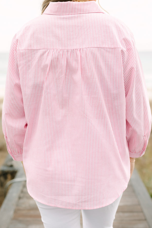 Chic Soul plus size clothing, pink striped button down with long sleeves that have a cuff on the end of each sleeves as well as a collar 