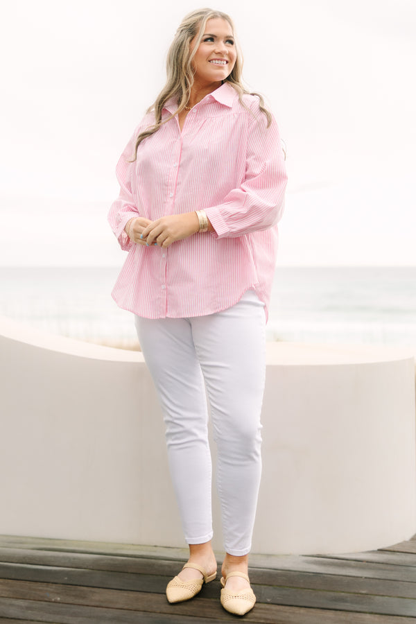 Chic Soul plus size clothing, pink striped button down with long sleeves that have a cuff on the end of each sleeves as well as a collar 