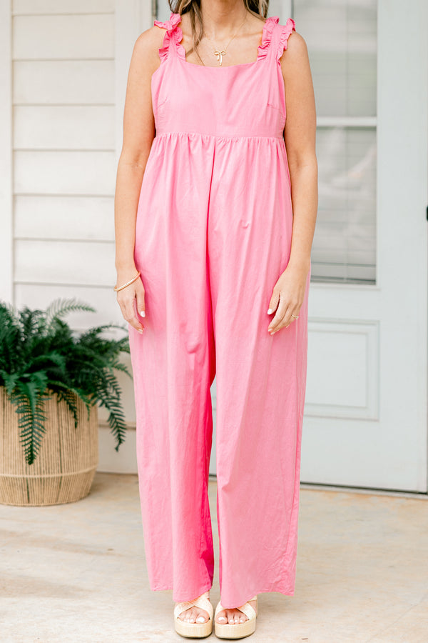 Chic Soul plus size clothing, Bubblegum pink jumpsuit with a square neckline and ruffle details on the straps 