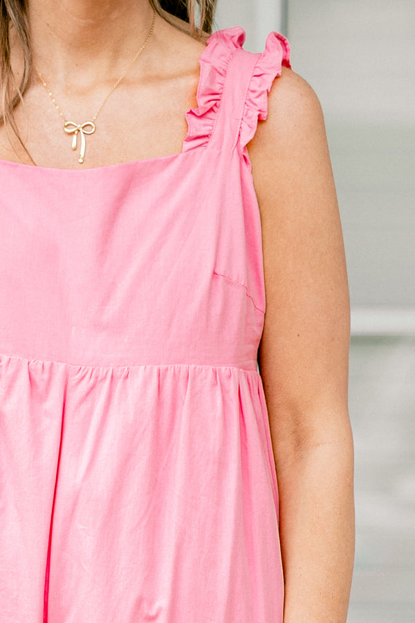 Chic Soul plus size clothing, Bubblegum pink jumpsuit with a square neckline and ruffle details on the straps 
