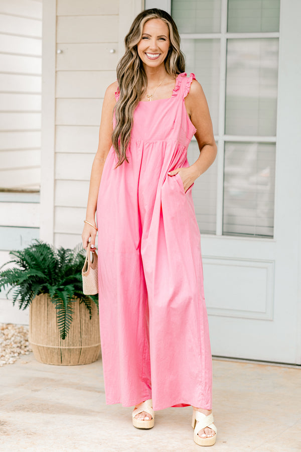 Chic Soul plus size clothing, Bubblegum pink jumpsuit with a square neckline and ruffle details on the straps 