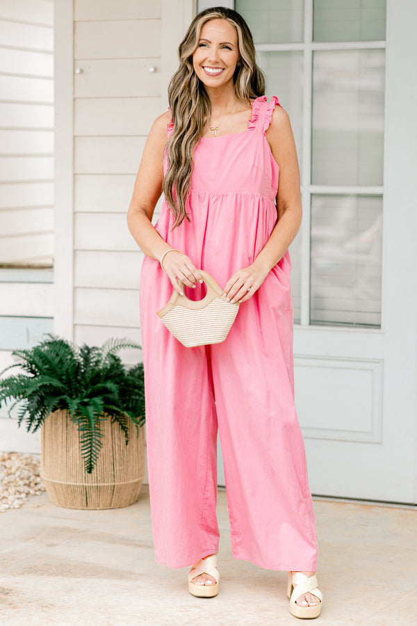 Chic Soul plus size clothing, Bubblegum pink jumpsuit with a square neckline and ruffle details on the straps 