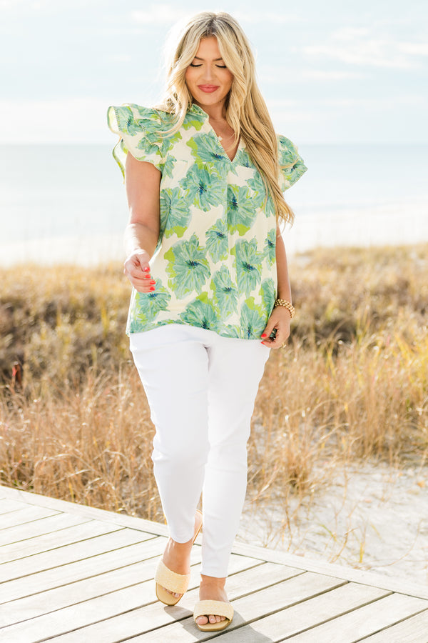 Chic Soul plus size clothing, short-flutter-sleeve top with a split-v-neckline and a green and white watercolor tropical floral pattern