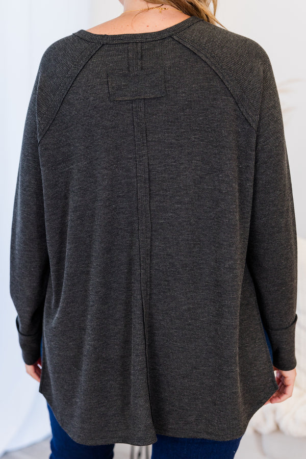 Chic Soul plus size clothing, long-sleeve washed-black top with scoop-neckline and waffle-knit material