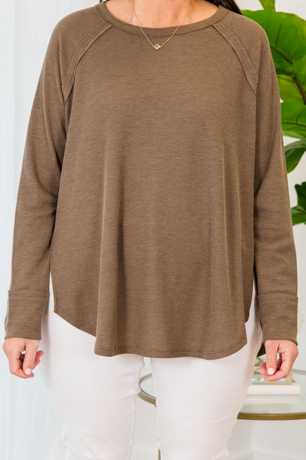  Chic Soul plus size clothing, long-sleeve crewneck mocha brown top with distressed thick stitching 
