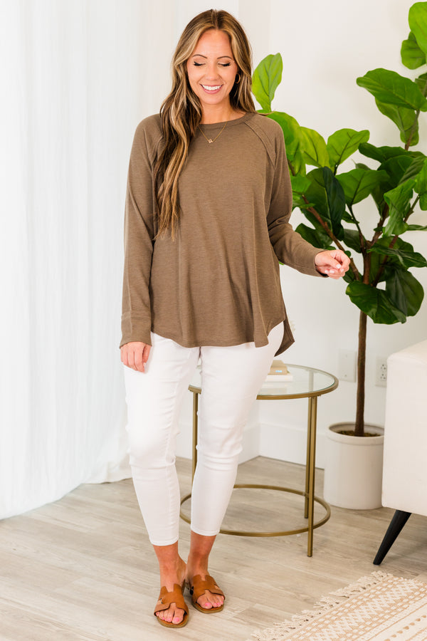  Chic Soul plus size clothing, long-sleeve crewneck mocha brown top with distressed thick stitching 