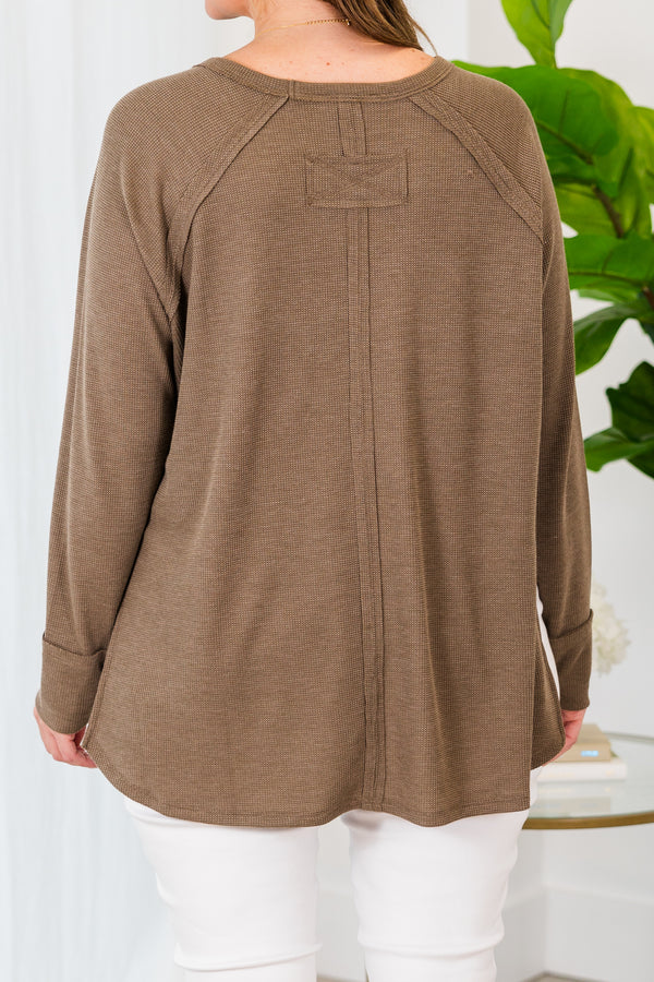  Chic Soul plus size clothing, long-sleeve crewneck mocha brown top with distressed thick stitching 