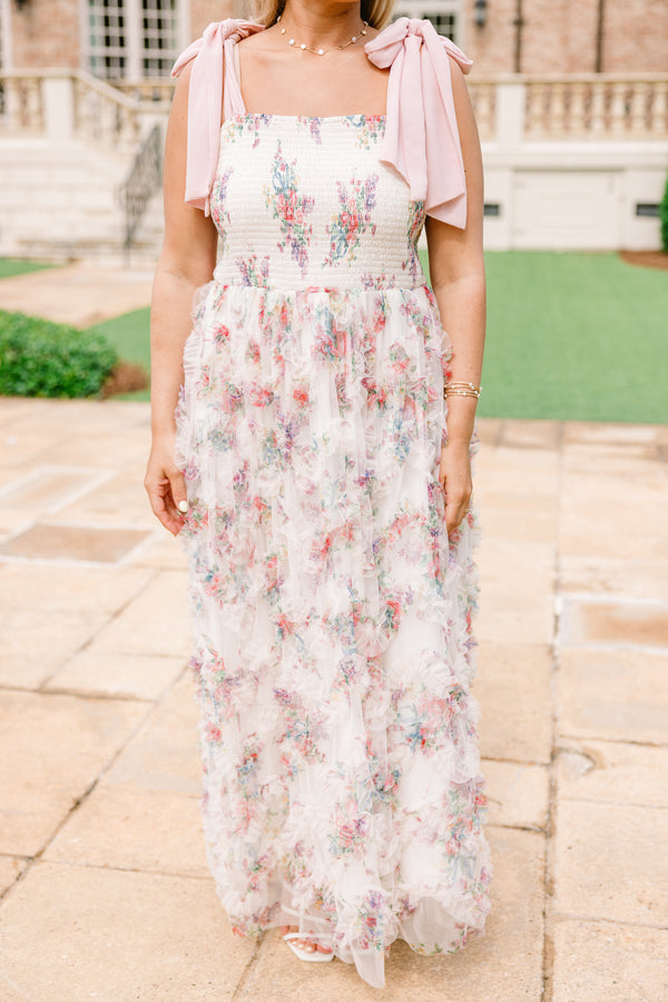 Chic Soul plus size clothing, white sleeveless special occasion maxi dress with delicate floral pattern and dusty rose straps tied into bows