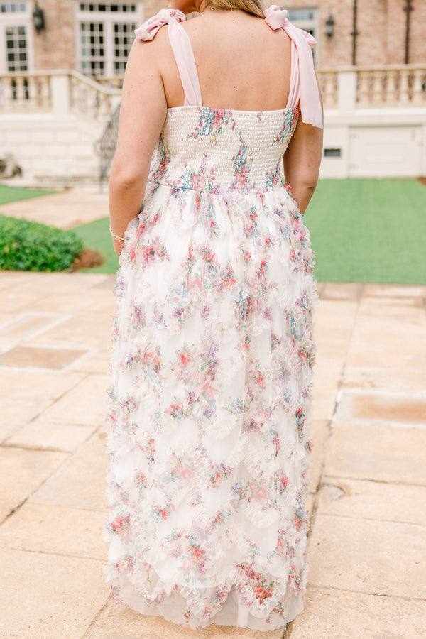 Chic Soul plus size clothing, white sleeveless special occasion maxi dress with delicate floral pattern and dusty rose straps tied into bows