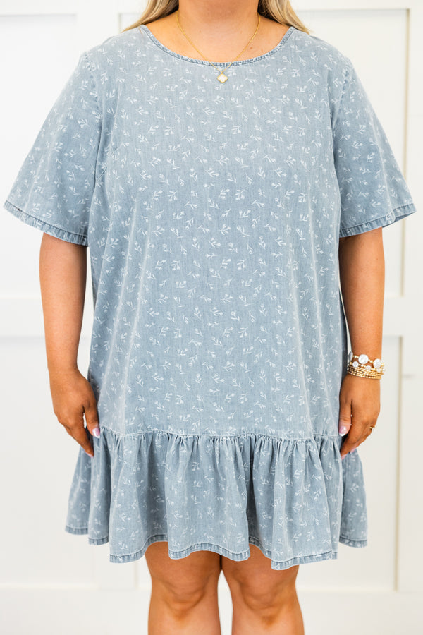 Chic Soul plus size clothing, short-sleeve light-wash denim ruffled short dress with a high-scoop-neckline and subtle lighter denim floral pattern detailing 