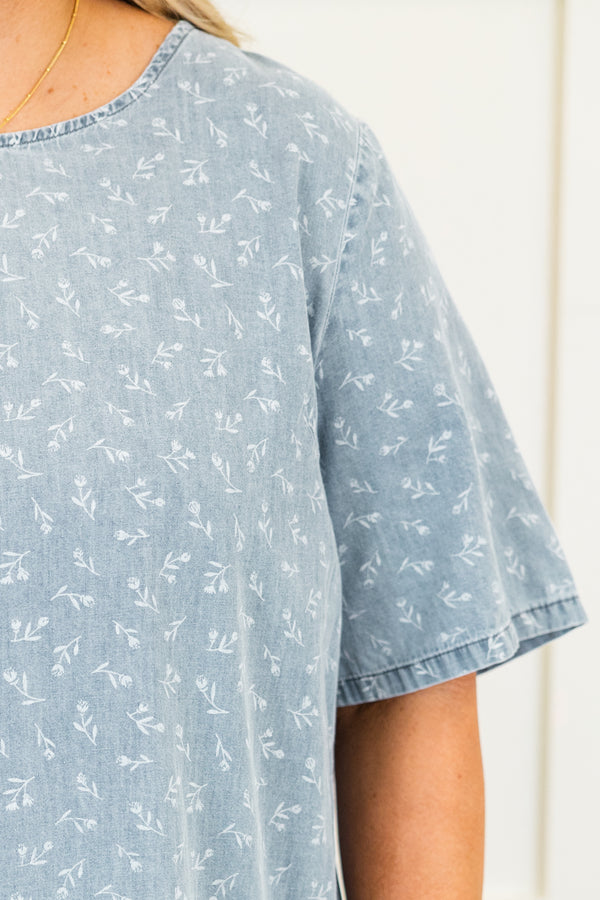 Chic Soul plus size clothing, short-sleeve light-wash denim ruffled short dress with a high-scoop-neckline and subtle lighter denim floral pattern detailing 